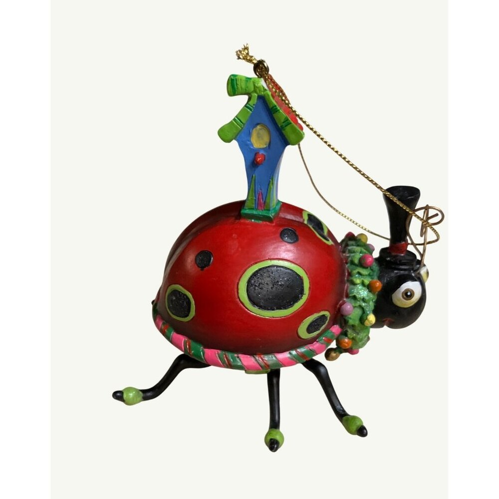 Ladybug Christmas Ornament With Birdhouse & Festive Accents